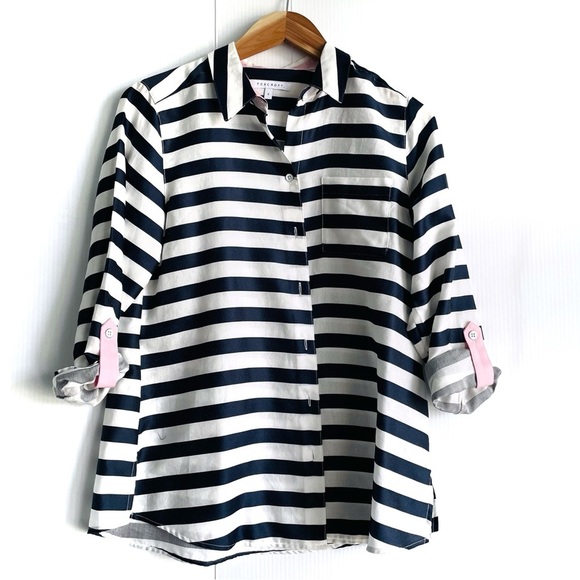 Foxcroft Navy and White Striped Blouse - Picture 1 of 8